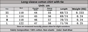 Detailed size chart for the women's long sleeve cotton poplin shirt in navy blue