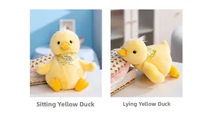 Detailed comparison of sitting and lying yellow plush ducks with floral summer scarves