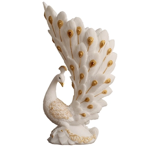 Elegant white and gold peacock decorative vase ornament with intricate feather details