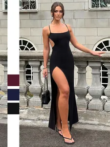 Robe Maxi Sexy Dos Nu À Bretelles Spaghetti Fendue Polyester Élasthanne Moulante Cut Out Soirée Club Été Femmes