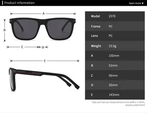 Detailed size chart for Model 2370 TR sunglasses showing frame dimensions and specifications
