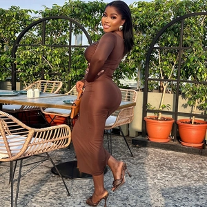 Chocolate brown bodycon long sleeve midi dress with a backless design for women