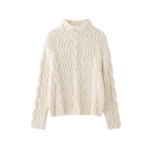 Women Cable Knit Sweater Mock Neck Thick Warm Winter Long Sleeve Elegant Pullover Tops Cream