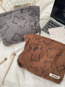 Corduroy makeup pouch with cute bear prints in dark grey and caramel brown colors
