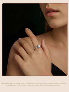 Detailed view of 1-carat Moissanite ring on model finger showing six-prong silver setting
