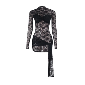 Detail of black lace mini dress featuring chest cutout with bow and asymmetric drape
