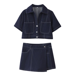 Dark blue denim two-piece set with short sleeve lapel jacket and high waist mini skirt