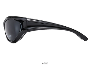 Vista laterale di occhiali da sole sportivi futuristici Y2K con montatura nera lucida