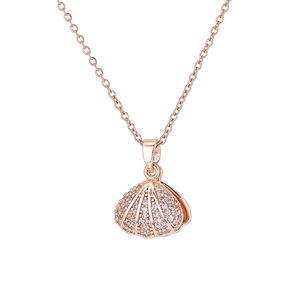 Elegant 18k rose gold shell pendant necklace with shimmering zircon stones on a fine chain