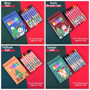Detailed view of 8-color Christmas crayon sets with snowman and reindeer illustrations