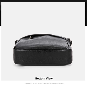 Detailed bottom view of the black lychee pattern PU leather crossbody bag with neat stitching
