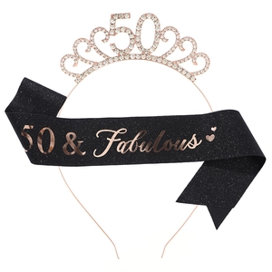 50th Birthday Party Set with Rose Gold Crystal Tiara and Black Glitter Sash