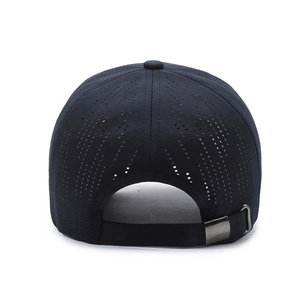 Navy blue breathable baseball cap back view with laser-cut vents and adjustable strap