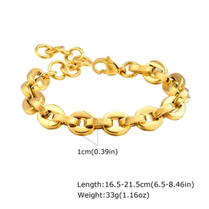 Detailed view of chunky 18K gold plated Figaro bracelet with embossed metal textures