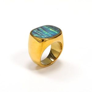 Detailed view of an oval abalone shell inlay on a thick gold-plated stainless steel ring