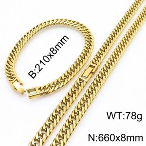 Detailed size parameters for gold stainless steel chain jewelry set showing 8mm width