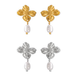 Elegant floral texture freshwater pearl pendant earrings in gold and silver finish