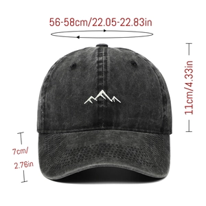 Detailed mountain embroidery baseball cap size chart with brim and height dimensions