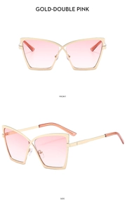 Vues de face et de côté de lunettes œil-de-chat dorées avec verres dégradés roses