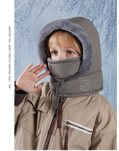 Detail of child wearing a dark grey thermal balaclava with warm fleece lining and drawstrings
