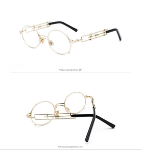Detail view of steampunk round sunglasses featuring unique hollow chain-style metal temples
