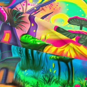 Macro detail of high-quality fabric texture with vibrant fantasy mushroom printed patterns