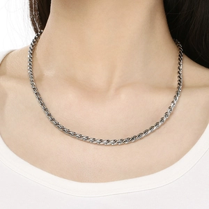 Minimalist silver stainless steel rope chain necklace for men and women on model