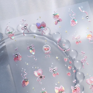 Holographic strawberry and bow nail stickers with rhinestones for DIY manicure art