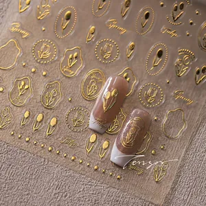 Detail of M-351 golden 3D relief tulip nail stickers with elegant Spring lettering