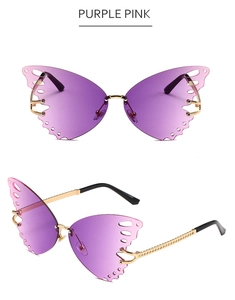 Detail of rimless butterfly sunglasses with purple pink gradient lenses and gold rope temples