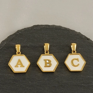 Hexagon Initial Letter Alphabet Pendant Necklace Stainless Steel 18K Gold Plated White Shell Fashion Jewelry Women