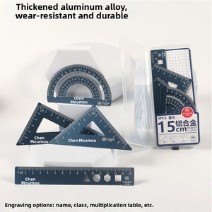 Detailed view of dark blue matte aluminum alloy ruler set with laser scales and storage case