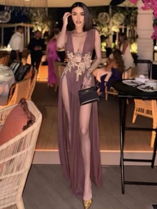 Detail of mauve deep V-neck evening gown featuring gold lace floral embroidery on the waist
