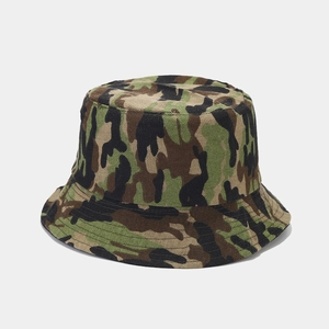 Close-up of camouflage bucket hat made from durable cotton canvas fabric for outdoors