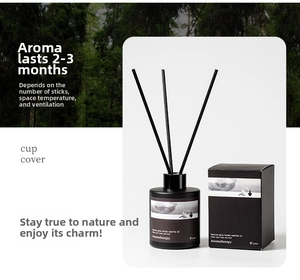 Detail of 120ml black aromatherapy diffuser bottle set with reed sticks and gift box