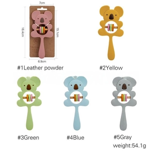 Detailed view of silicone koala baby teether rattles in five soft pastel color options