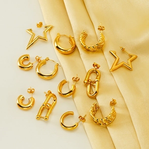 Collection of golden stainless steel earrings with hoops, stars and textured designs