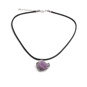 Natural amethyst crystal pendant necklace with rhinestone trim on black wax cord