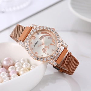 Damen-Magnetuhr in Roségold mit Delfin-Zifferblatt und funkelnder Strass-Lünette