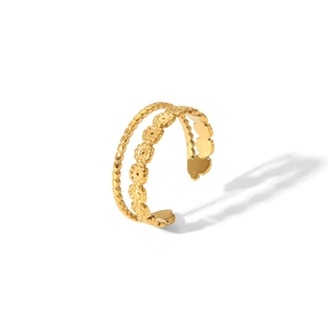 Detail of vintage gold crown ring showing textured beaded band and open adjustable band
