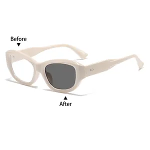Cat eye photochromic glasses with cream frame showing clear and tinted lens effect