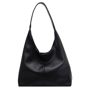 Large capacity black pebble leather tote bag for women with minimalist shoulder strap design
