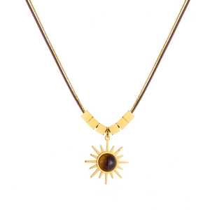 Double-layer sun pendant necklace with golden finish and brown tiger eye stone
