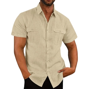 Detailed texture of men's khaki short sleeve linen shirt with dual breast pockets