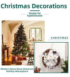 Close-up of a rustic rattan Christmas wreath with Santa, reindeer and snowman plush toys