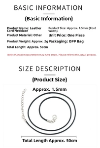 Detailed size chart for 1.5mm black leather cord necklace with silver lobster clasp
