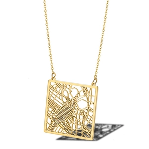 Square hollow city map pendant necklace in polished gold finish stainless steel