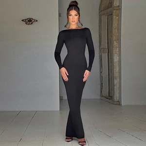 Elegant women's slim fit black maxi dress with long sleeves and backless design