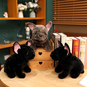 Realistic French Bulldog plush toy set in black and grey, soft stuffed animal for kids