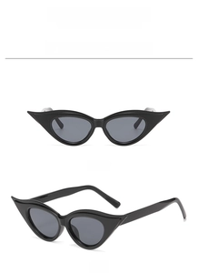 Detail view of black cat eye sunglasses showing front and 45-degree side angles